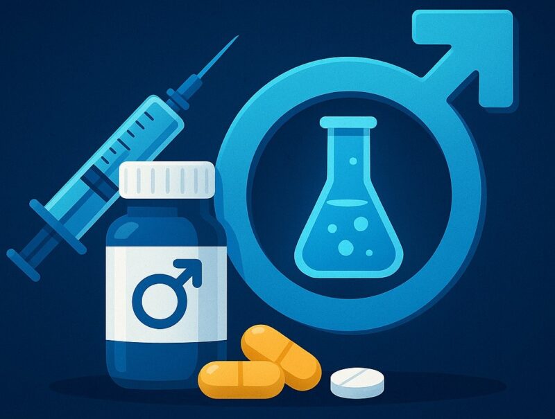 Illustration of testosterone replacement therapy (hormones) components including a syringe, pills, and a bottle with a male symbol