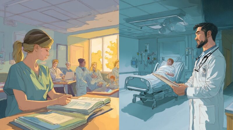 Illustration comparing nurse practitioner education in a classroom setting with physician assistant clinical training in a hospital room