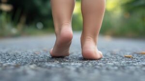 Close-up of a child walking barefoot on a paved path, with visible low arches