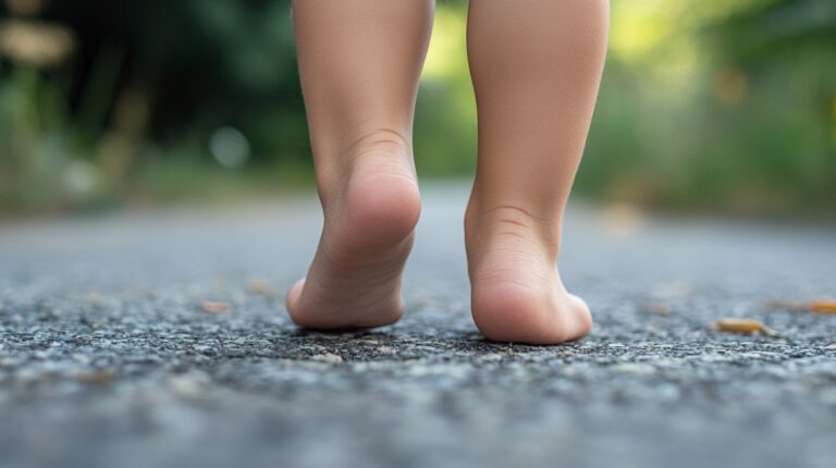 Close-up of a child walking barefoot on a paved path, with visible low arches
