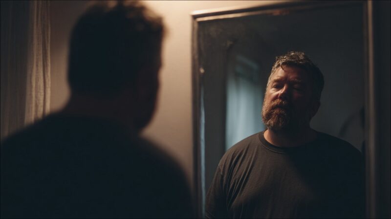 A bearded man standing quietly in front of a mirror, reflecting on himself, symbolizing the connection between hormonal pathways and appetite control