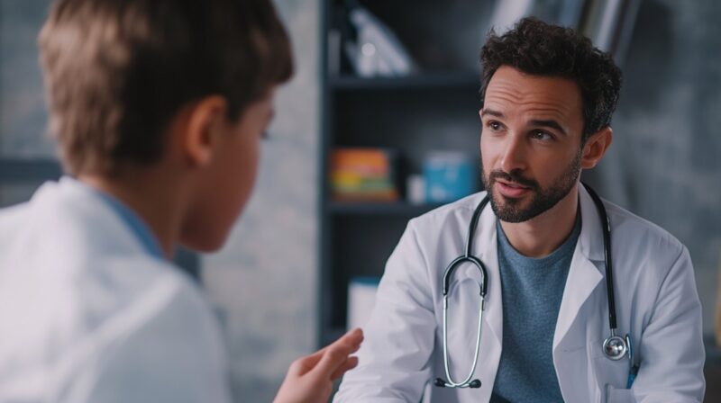 Doctor with a stethoscope attentively listening to a young patient during a medical consultation