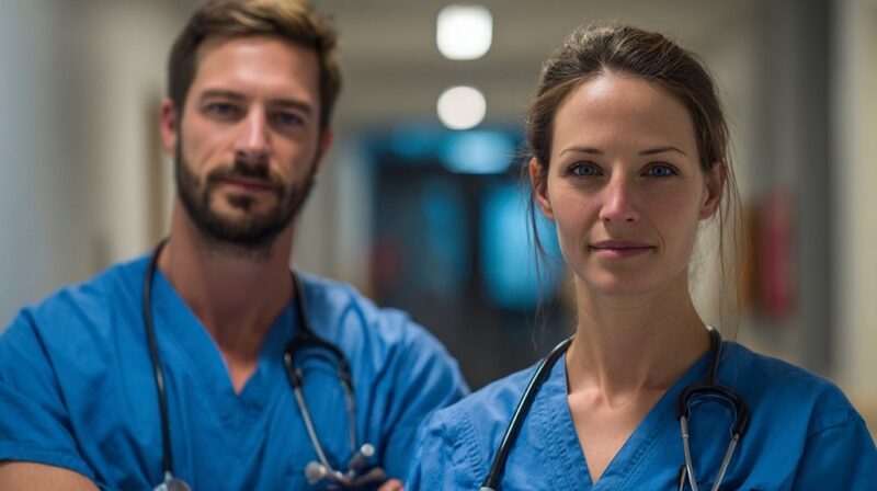 Nurse practitioner and physician assistant standing side by side in a hospital hallway