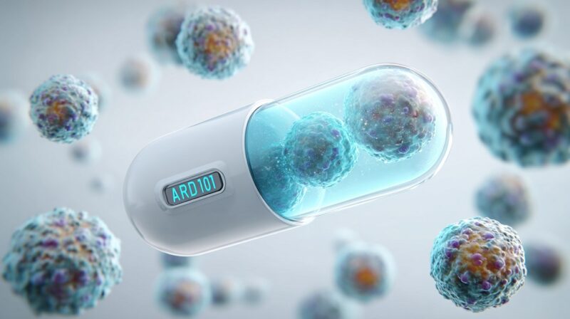 Digital illustration of an ARD-101 capsule containing cell-like structures, symbolizing its novel mechanism for addressing satiety and rare diseases
