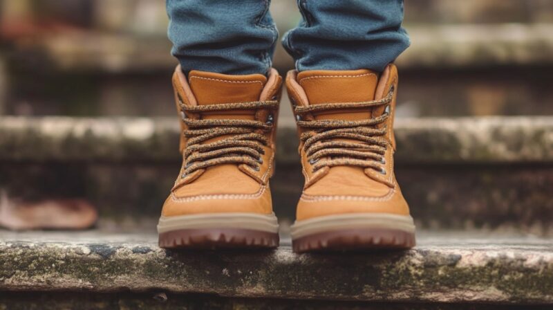 Close-up of a child wearing sturdy brown boots while standing on stone steps