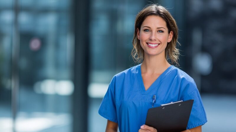 Smiling nurse practitioner standing with a clipboard in a modern healthcare facility