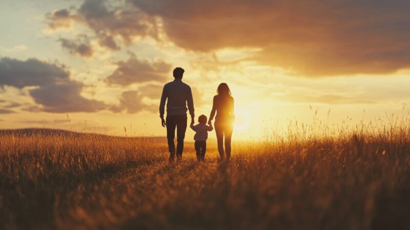 Silhouette of a family walking hand in hand through a field at sunset
