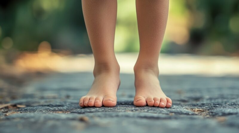 Close-up of a child’s bare feet standing on a stone path, with a soft green background
