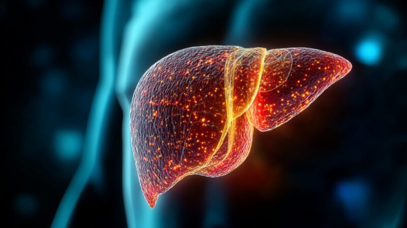 3D medical illustration of a diseased liver affected by cirrhosis, showing inflammation and damage