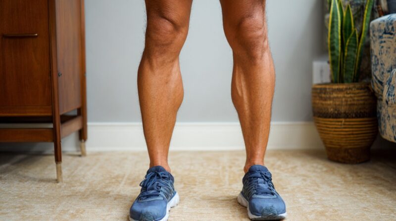 Front view of a man’s legs wearing blue sneakers, standing indoors on a carpet