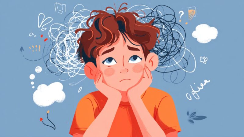 Illustration of a worried child with messy scribbles above their head, symbolizing distraction and racing thoughts