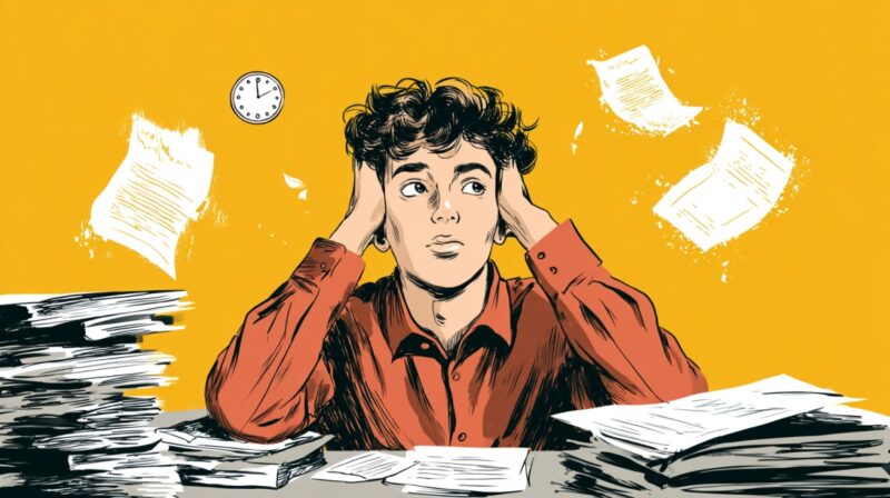Illustration of a stressed person surrounded by piles of papers and flying documents, holding their head with both hands, with a clock in the background