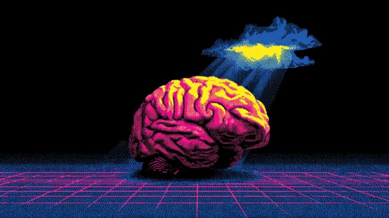 Digital artwork of a brain illuminated by a bright light beam breaking through dark clouds, symbolizing hope and self-compassion