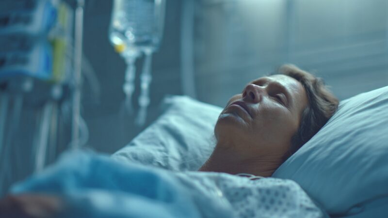 Patient lying in a hospital bed with an IV drip, eyes closed, representing serious illness or recovery