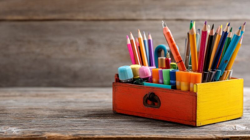 Colorful pencils, markers, and supplies organized in a small wooden drawer box on a rustic wooden table