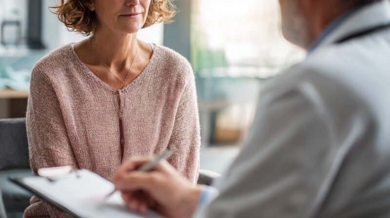 Woman in a medical consultation as a doctor takes notes on a clipboard