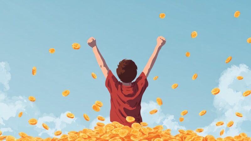 Illustration of a person raising their arms in victory, standing in a pile of gold coins with more coins falling from the sky