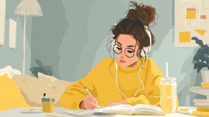 Illustration of a woman in glasses and headphones, wearing a yellow sweater, studying at a desk with a notebook and a drink, surrounded by a tidy, minimal environment