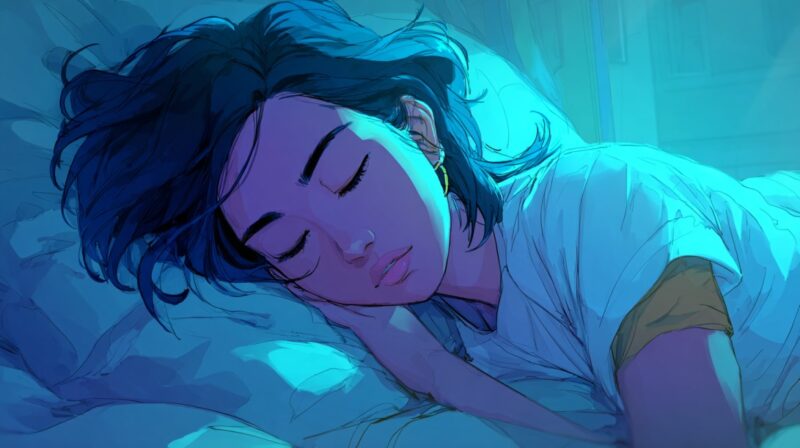 Illustration of a young woman peacefully sleeping in bed, bathed in calming blue light