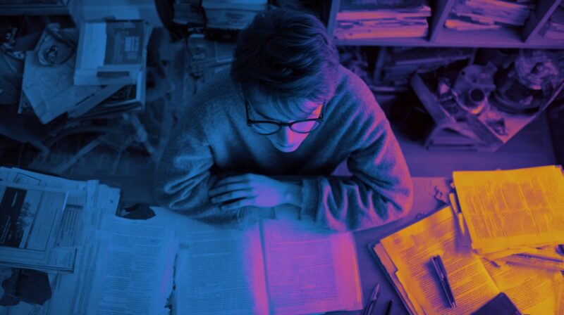 Person with glasses studying at a cluttered desk, illuminated by contrasting blue and orange lighting, symbolizing the use of color and technology for focus