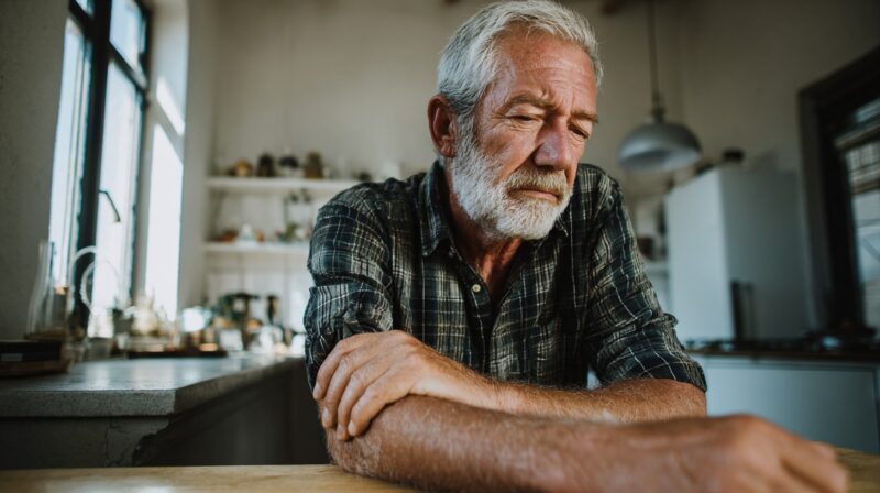Elderly man sitting at a table in his home, looking fatigued and holding his arm, symbolizing weakness or early illness symptoms