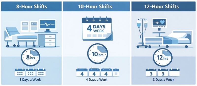 An infographic comparing hospital nursing schedules, showing 8-hour, 10-hour, and 12-hour shifts with weekly work patterns