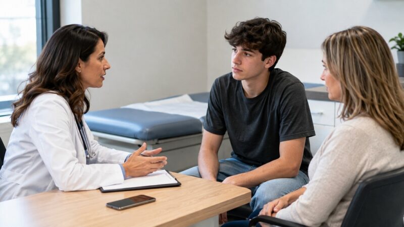 Doctor speaking with a young patient and parent about social media habits, mental health, and daily functioning
