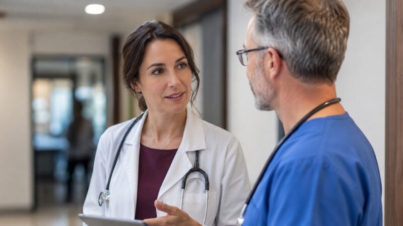Two healthcare professionals discussing patient care and referrals in a modern medical facilityCoordination shows up in outcomes