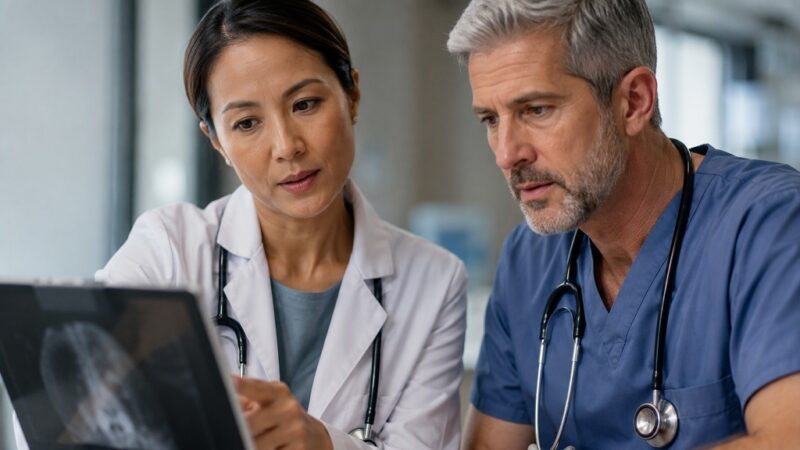 Two doctors reviewing medical imaging together to coordinate patient care and treatment decisions