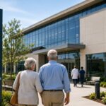 Senior couple walking toward a modern medical campus offering multiple healthcare services in one location