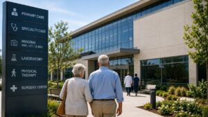 Senior couple walking toward a modern medical campus offering multiple healthcare services in one location