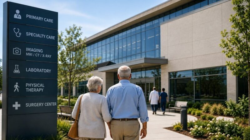 Senior couple walking toward a modern medical campus offering multiple healthcare services in one location