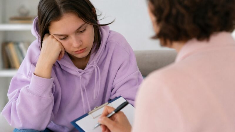 Teen patient discussing emotional concerns with a healthcare professional during a counseling session