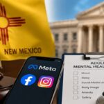 New Mexico Meta case represented by a gavel, Meta social media apps, and adolescent mental health screening materials