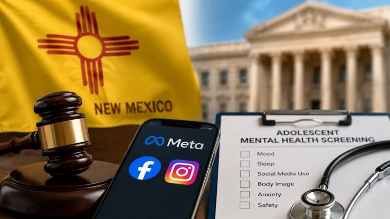 New Mexico Meta case represented by a gavel, Meta social media apps, and adolescent mental health screening materials