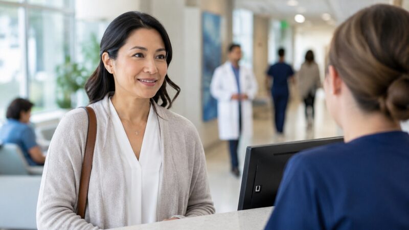 Patient checking in at a modern integrated medical campus with multiple healthcare services in one location
