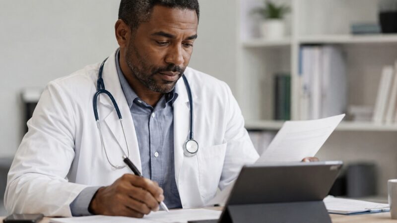 Physician reviewing documents and financial information while evaluating medical practice costs and operations