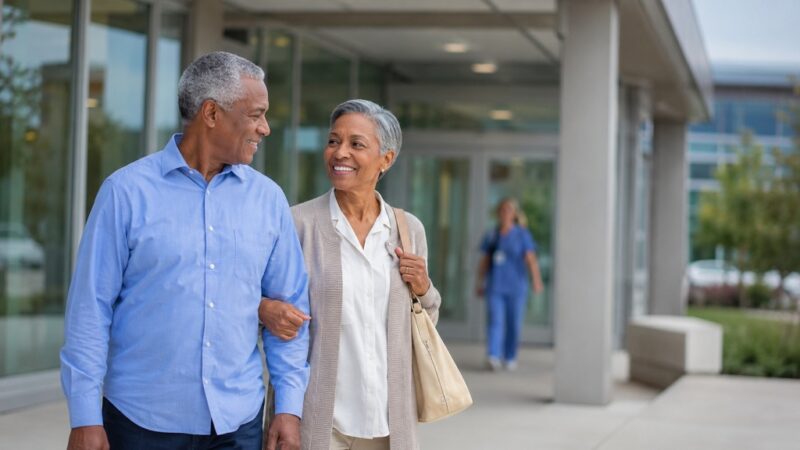 Senior couple arriving at a modern outpatient medical campus for healthcare services