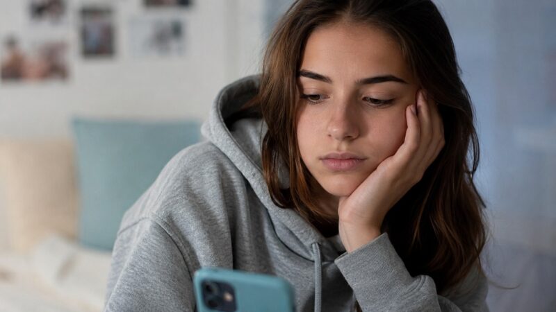Young person looking at a smartphone while experiencing the emotional effects of social media use