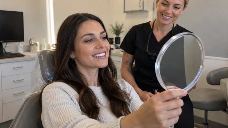 Woman examining her smile in a handheld mirror at a dental clinic.
