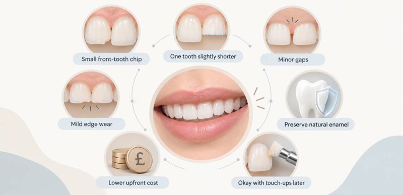 Infographic showing common situations where composite bonding may be suitable.